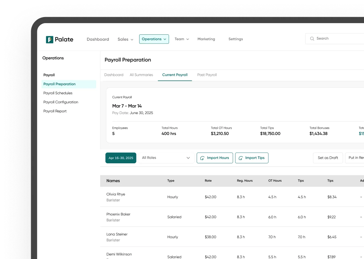 Hours and tips flow straight to payroll.
