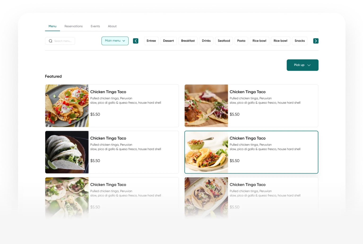 Online Ordering screen in Palate