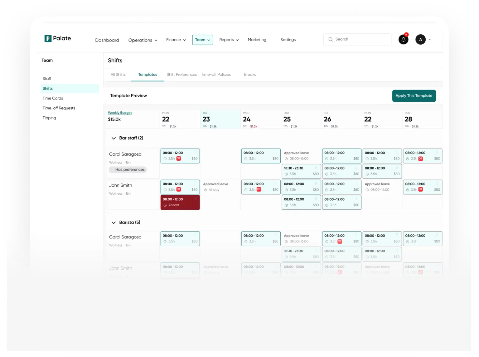 Staff & Scheduling screen in Palate
