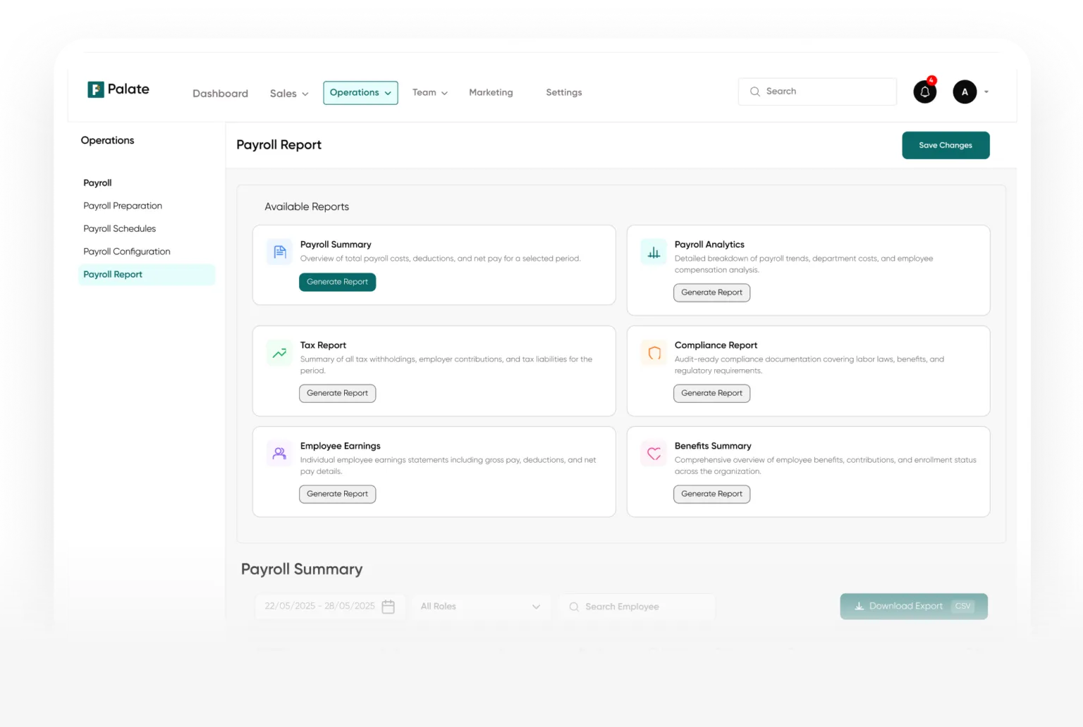 Payroll & Tips screen in Palate
